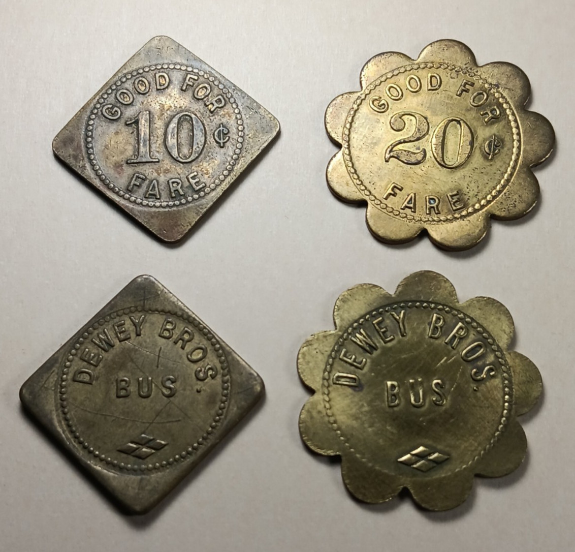 (4) 1920s Brass, DEWEY BROS. BUS Taxi Tokens, Good for 10 cts 20 cts Freeland PA