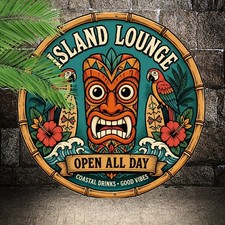 Tiki Bar Open Round Metal Sign Tropical Islan...