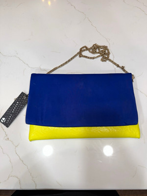 Blue Yellow Colorblock Clutch Purse Gold Chain Shoulder Strap Magnetic Closure