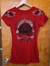 Vintage Y2K Crash And Burn Emo Mcbling Tattoo Alt Studded Mall Punk T Shirt Sz S