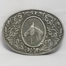 Belt Buckle 1974 Horse Head Flowers Rope Edge Oval Shape Western Cowboy Rodeo US