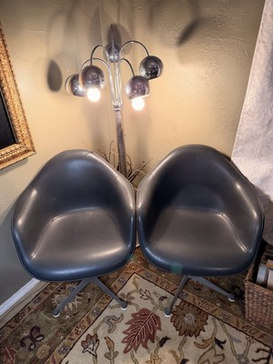 Pair Vtg 1976 Herman Miller Eames Fiberglass Armchairs Grey Vinyl Bases