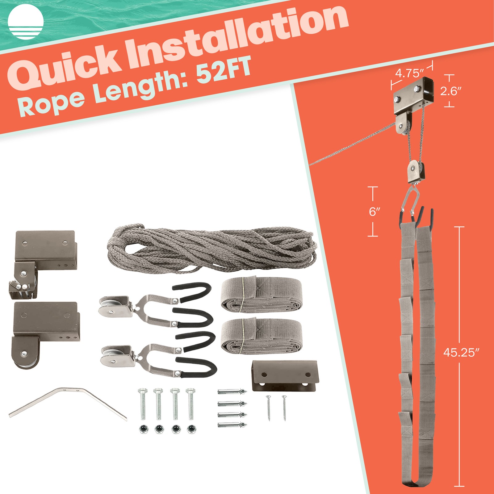 Kayak Hoist Lift Garage Storage Canoe Hoists 125 lb Cap Mounting Brackets, Gray