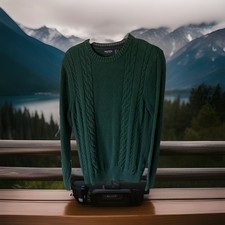 Nautica Men's Green Cable-Knit Crewneck Cotton Pullover Sweater Size M