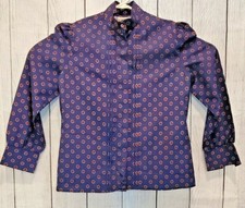 Vintage Santu Women's Banded Neck Red, White Blue Puckered Sleeve Blouse