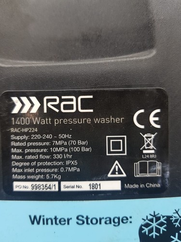 Replacement Parts for RAC-HP224 1400W 70-100 Bar Pressure Washer - Picture 45 of 45