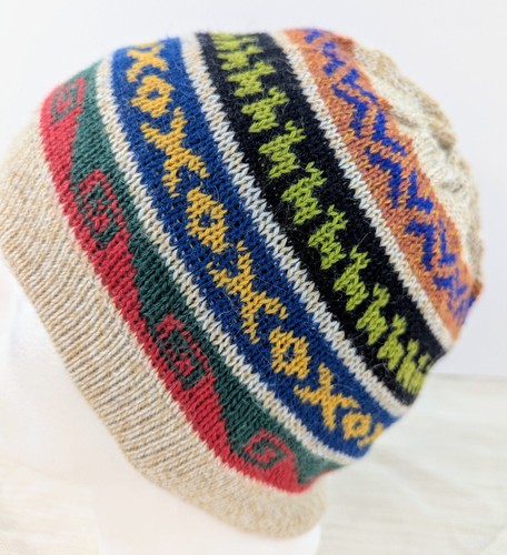 100% Baby Alpaca Reversible Blue Beige Beanie Unisex Colorful Boho Aztec Llama - Picture 4 of 4