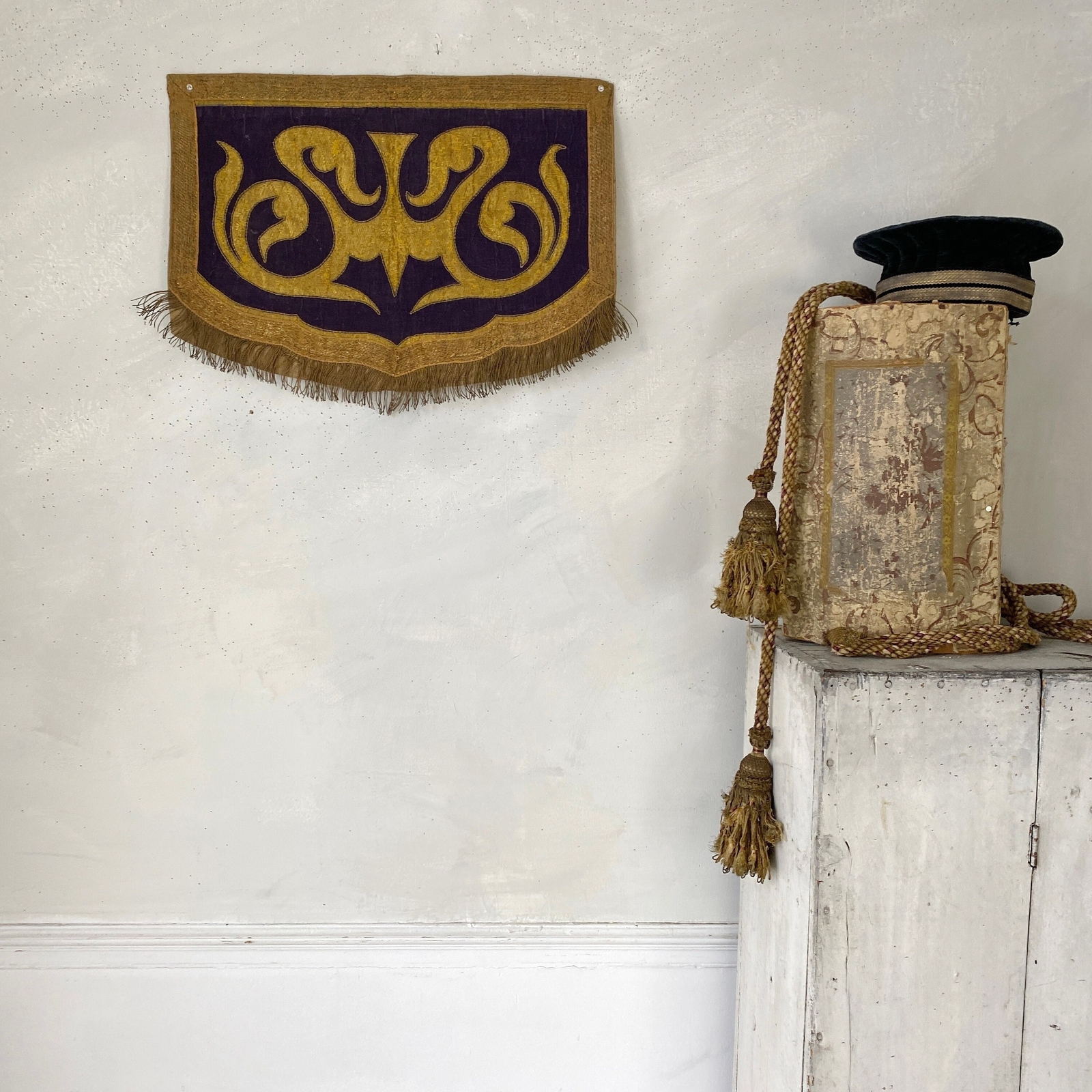 Antique Portuguese 18th Century brocade applique metallic embroidery purple vel