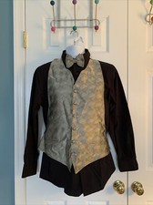 Men's Geometric Design Vest W Bow Tie Silver W Black Pinstripes Perry Ellis 2pc