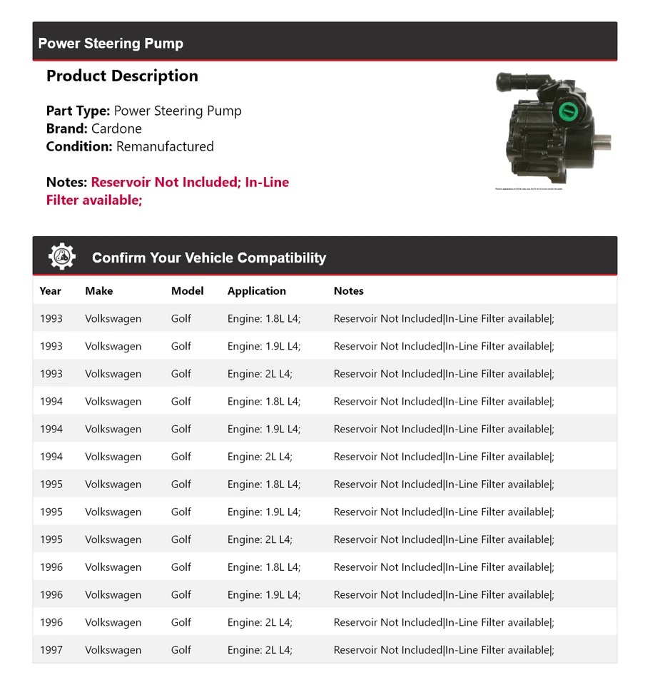 Bomba de dirección asistida Cardone para Volkswagen Golf 1993-1997 1994 1995 1996 Foto 2 de 4