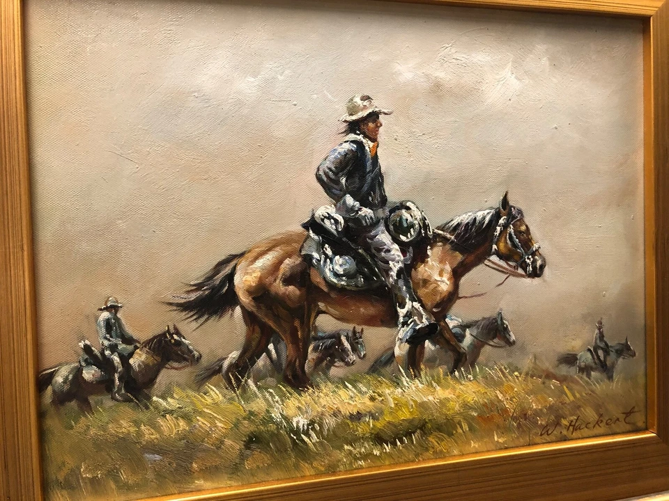 La caballería viene - Pintura al óleo pintada a mano, firmada y enmarcada  Foto 3 de 4