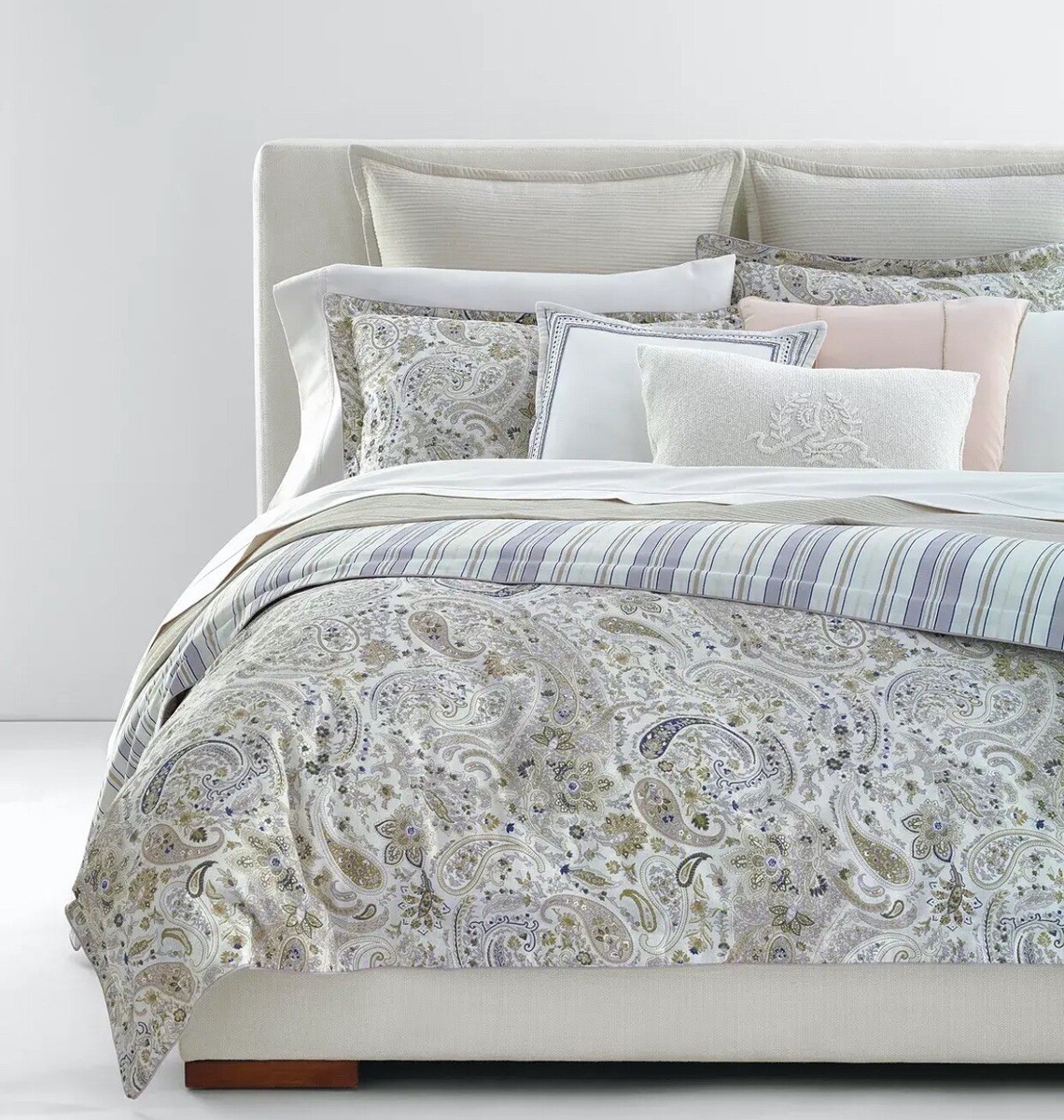 Ralph Lauren Estella Paisley/Stripe 10p F/Queen Duvet Deco Pillow Cream  Euros Sh