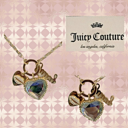 Juicy Couture Gold Clear Heart- Pave Lip Heart- Script Name Charm Chain Necklace