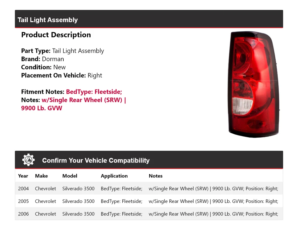 Conjunto de luz trasera derecha 2005 para Chevrolet Silverado 3500 Dorman 2004-2006 Foto 2 de 4