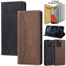 For iPhone 16 Pro Max/16e/16+ Leather Flip Magnetic Case Cover / Tempered Glass