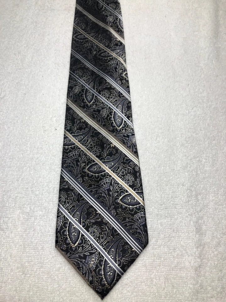 PLATINUM DESIGNS MENS TIE BLACK WITH GRAY BEIGE WHITE 3.75 X 60 NWOT - Imagem 2 de 4