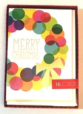 Christmas Boxed Cards MERRY CHRISTMAS Colorful Circles Modern Wreath 16 pcs