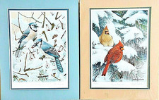 VINTAGE CARDINAL & BLUE BIRD PAINTINGS   SET OF 2     MEL GARBARK