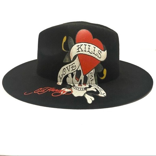 Ed Hardy Skull Heart Fedora Hat Black 