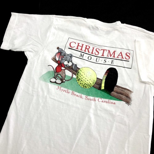 Vintage 90s T Shirt Medium Single Stitch Christmas Mouse Golf Themed Myrtle SC