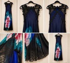 Elegant Handmade 100 Natural Silk Floral Maxi Dress with Black Lace Overlay M