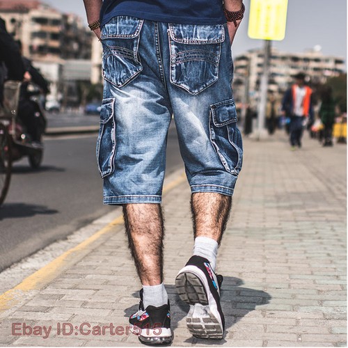 Men's Denim Cargo Pockets Loose Fit Breathable Jeans Shorts Hip Hop Punk Pants - Picture 4 of 7