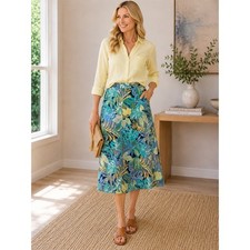 Talbots Petite Tropical Leaf Print Linen Blend Midi Skirt Blue Green 10P