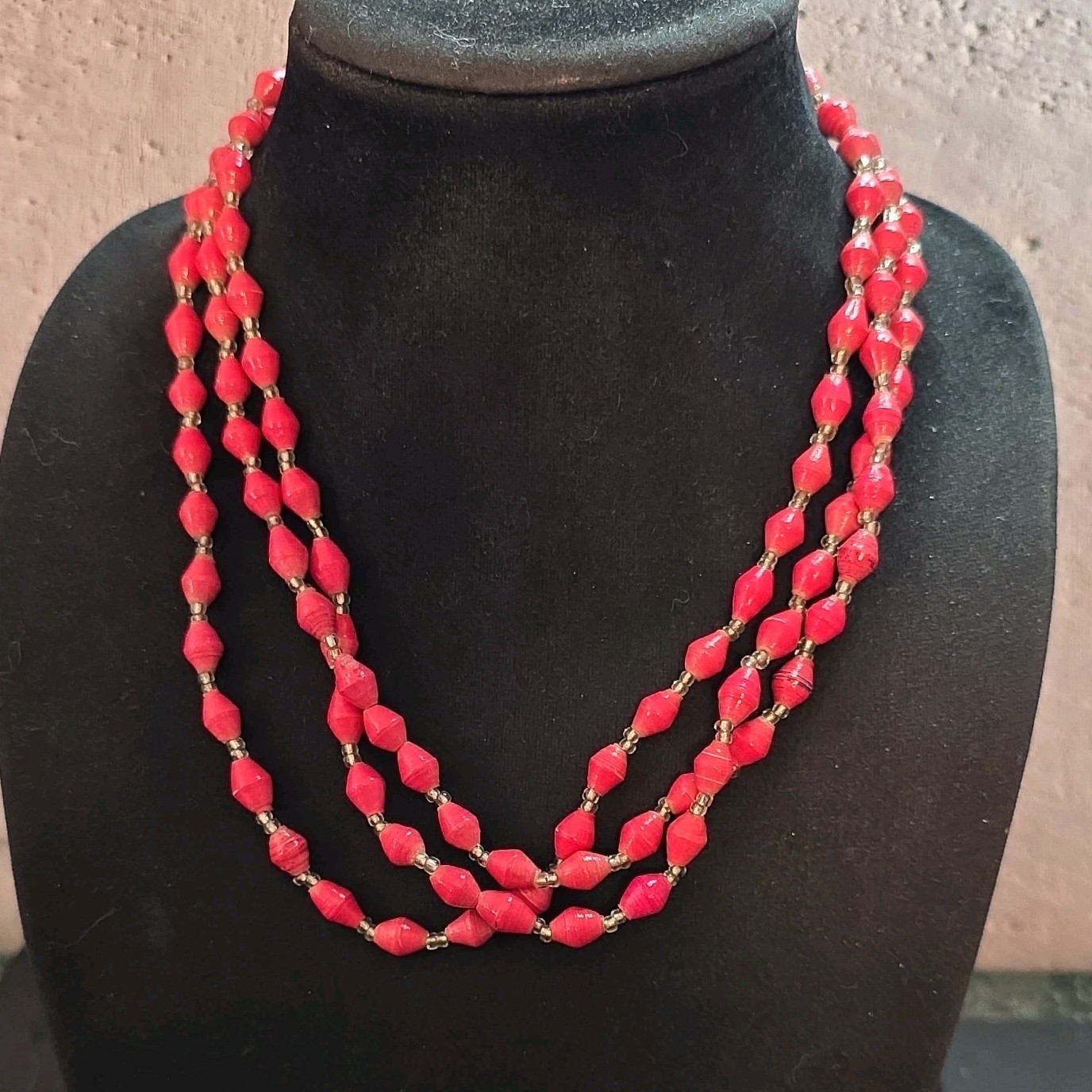 Red Multi-Strand Beaded Necklace Paper Glass Barrel Clasp Women
