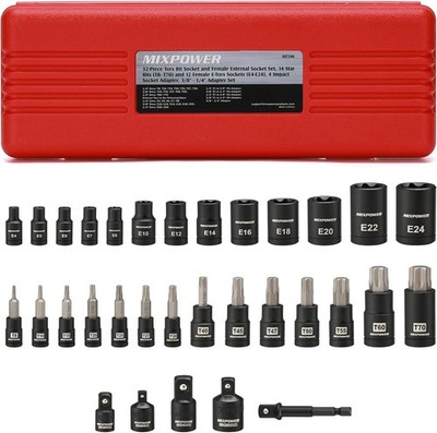 MIXPOWER 32PCS Torx Bit Socket Set, 14 Star Bits T8-T70,E4-E24(32PCS) 