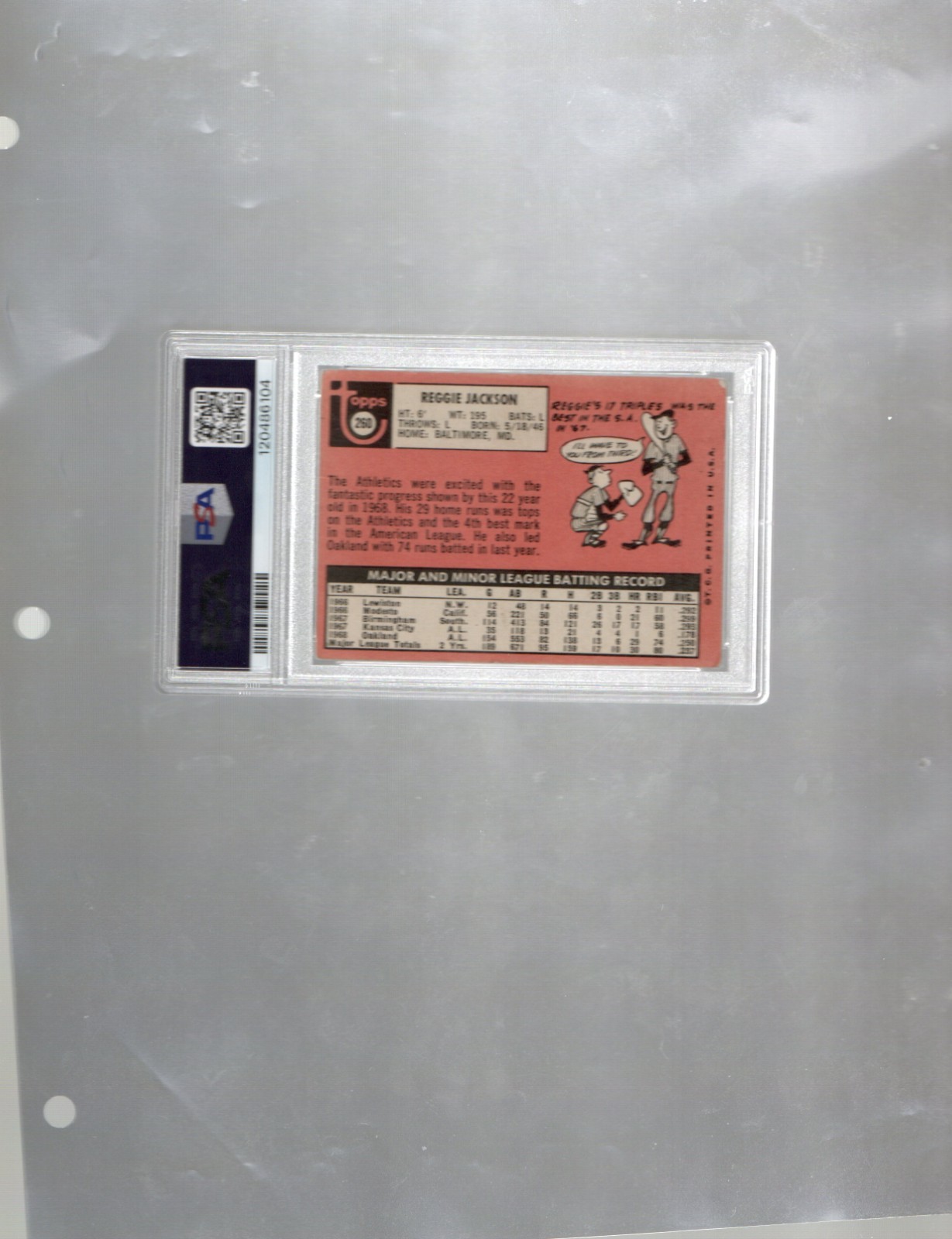 VINTAGE 1969 TOPPS HOF # 260 REGGIE JACKSON ROOKIE Baseball Card PSA GRADE 2 GD view 2