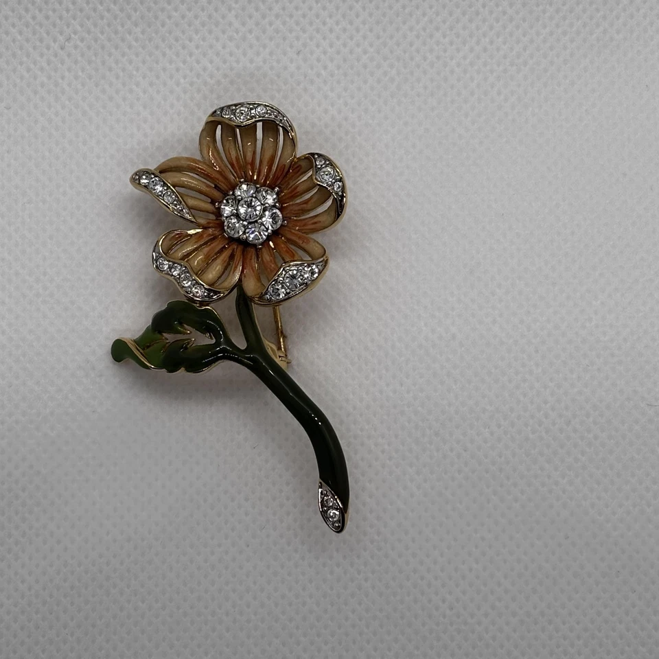 Vintage Nolan Miller Flower Brooch Pin Gold Tone Enamel Rhinestone Crystal Box - Image 2 of 4