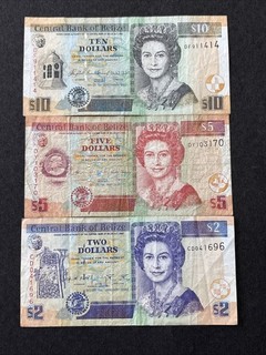 2002 2020 Central Bank Of Belize 2 $ 5 $ & 10 $ Dollar Banknoten Set QEII