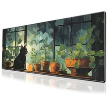 Cute Black cat Gaming Mouse Pad Green Plants Large Desk Mat, 31.5x11.8 Inch M...