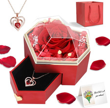 Preserved Real Red Rose Gift Box with Heart Necklace - Eternal Flower Gift for H