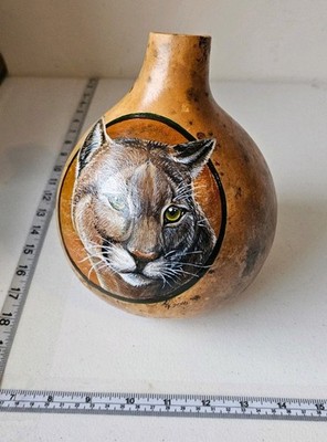 Hand Painted Signed Gourd with Cougar/Mountain Lion 2016