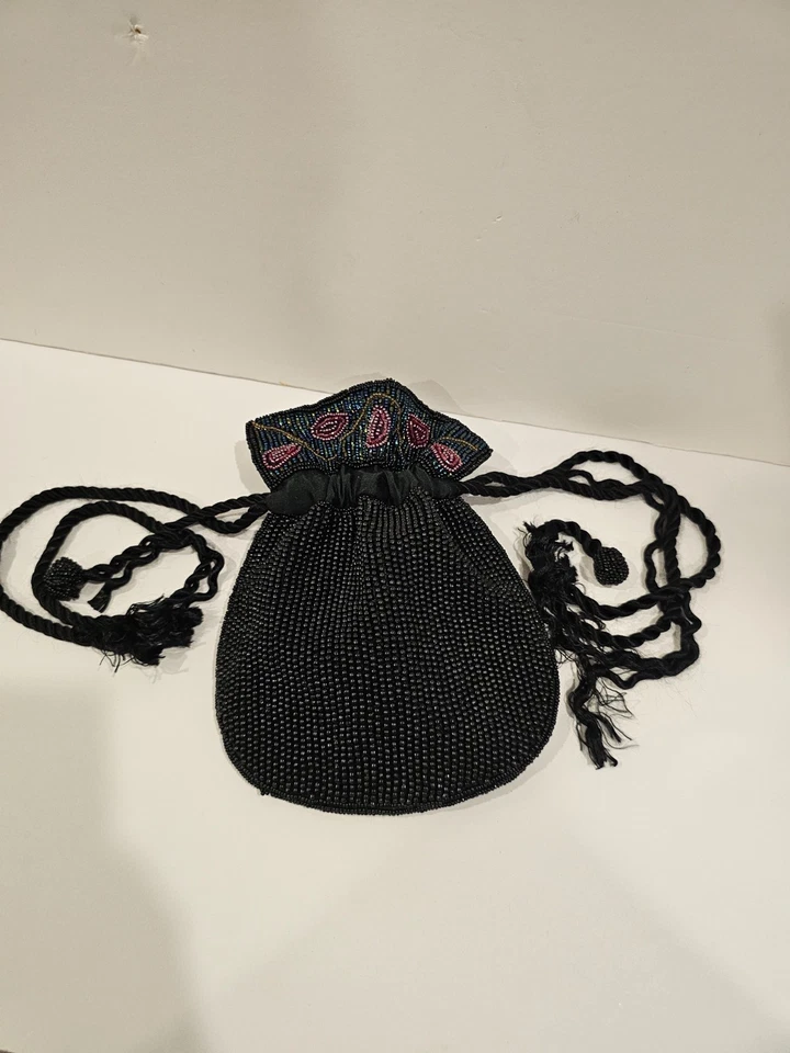Vintage Andre Cellini Black Seed Beads Drawstring Evening Holiday Purse Reticule - Image 2 of 4