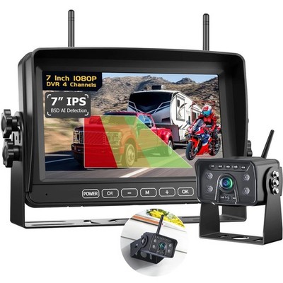 Wireless Backup Camera 7'' Car Monitor Split DVR AI Detection BSD For Caravan Rv