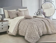 New Botanical Floral 9 Piece queen size Comforter Set with sheet set Light Khaki