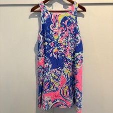 Lilly Pulitzer Silk Shift Dress Blue Pink Floral Coastal Retreat Jackie