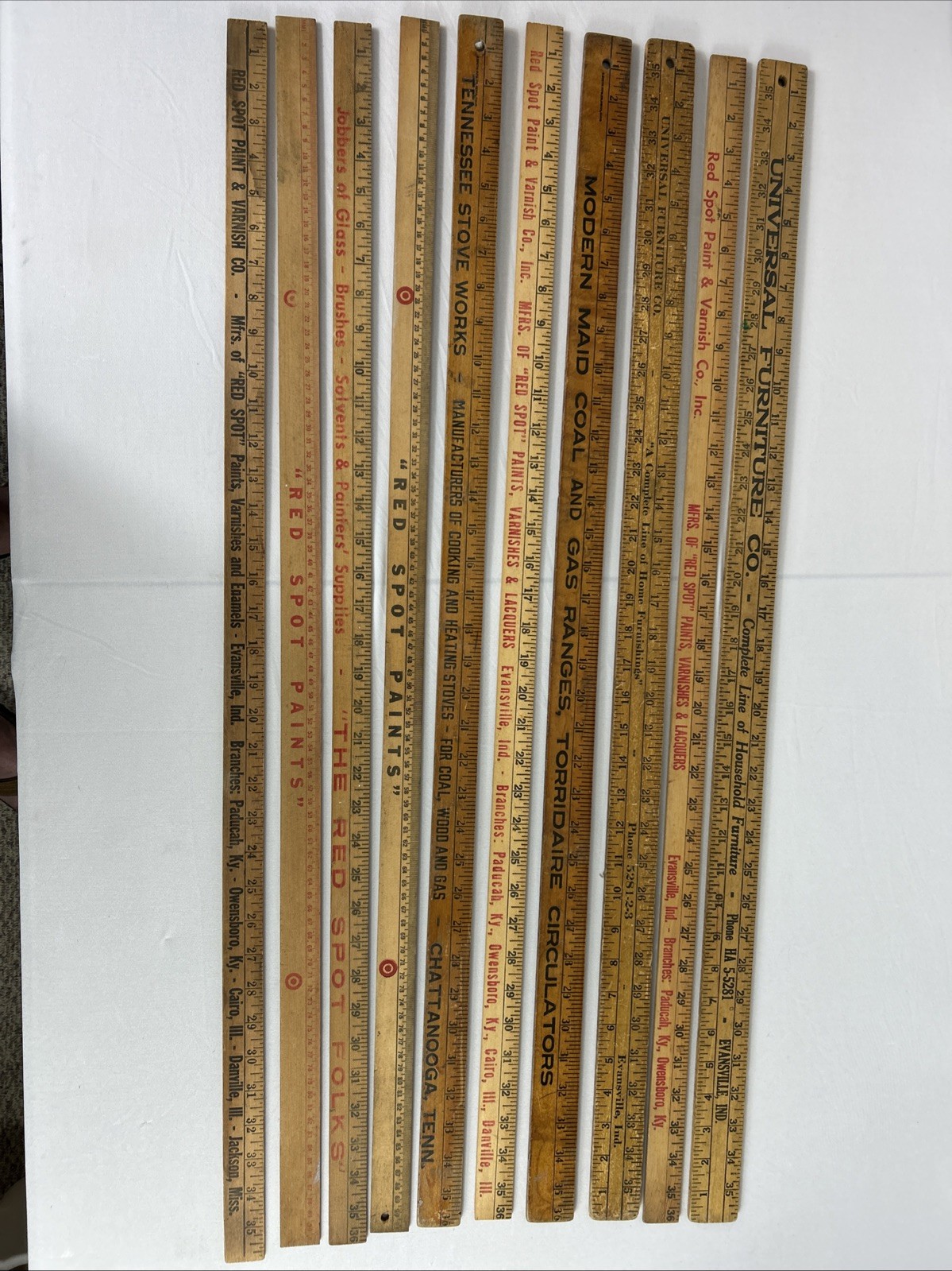 10 Vintage Wood Advertising Yardsticks Red Spot Paint Tennessee Stove Works