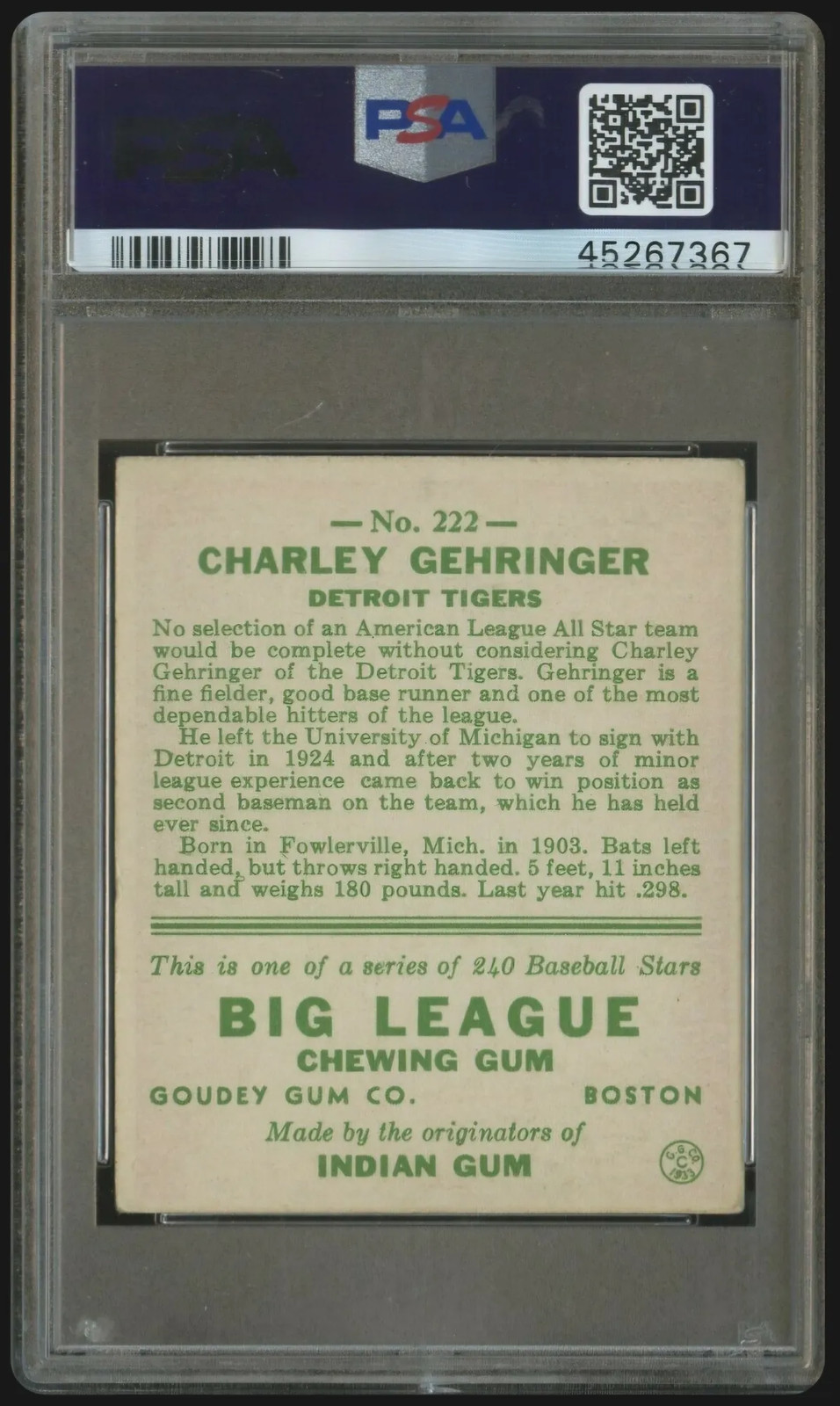 1933 Goudey Charley Gehringer #222 PSA 4.5 view 2