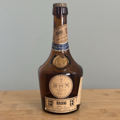 Vintage DOM B & B Benedictine France Empty Brandy Brown Glass Liquor Bottle