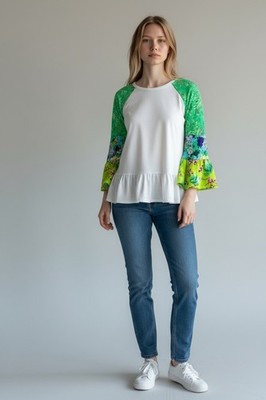 The Pioneer Woman Top Size X Large White W/ Green Balloon Sleeves Ruffle Bottom