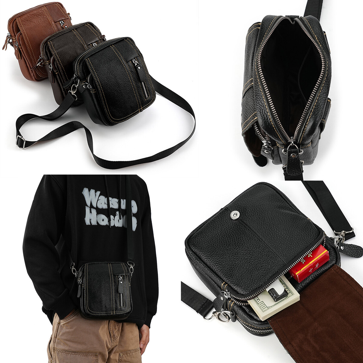 Men Genuine Leather Cross Body Bag Casual Messenger Wallet Mobile