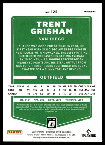 2021 Donruss Optic Lime Green Trent Grisham San Diego Padres #125 - Picture 2 of 2