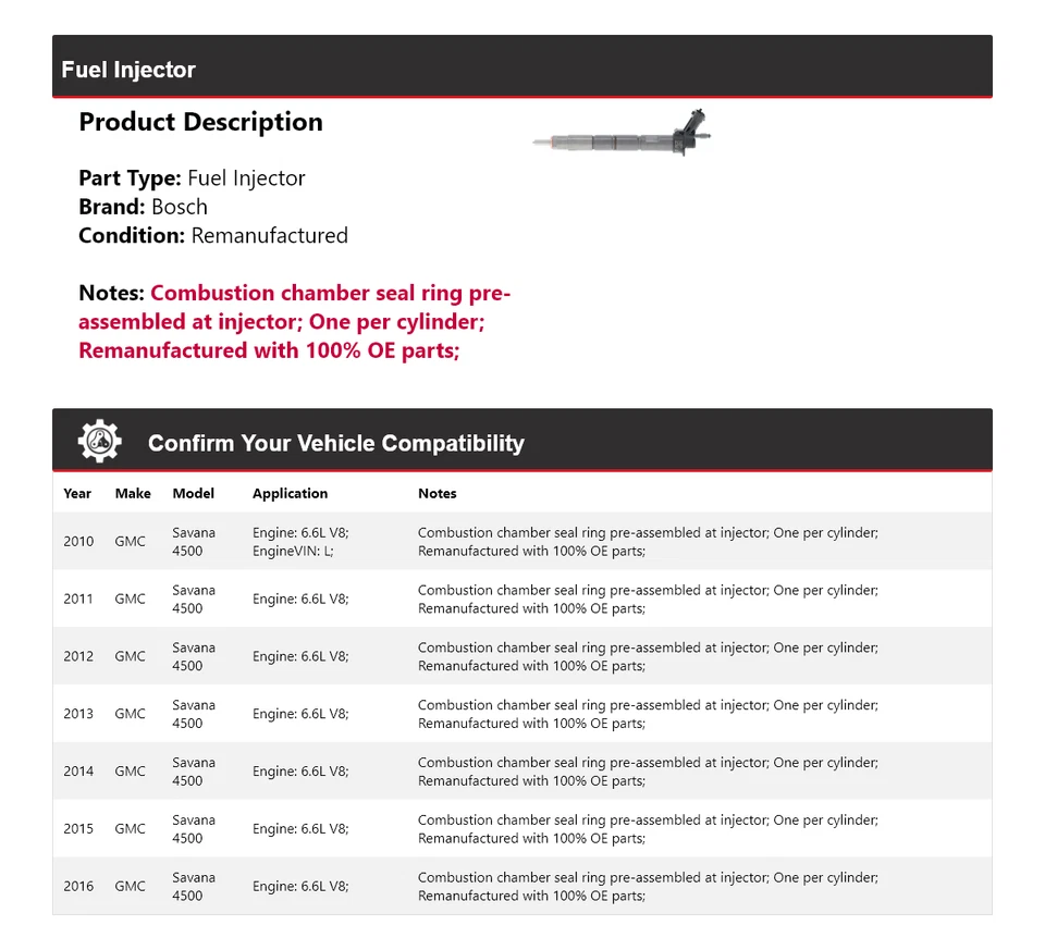 Inyector de combustible Bosch V8 6,6 L 2011 2012 2013 2014 para GMC Savana 4500 2010-2016 Foto 2 de 4