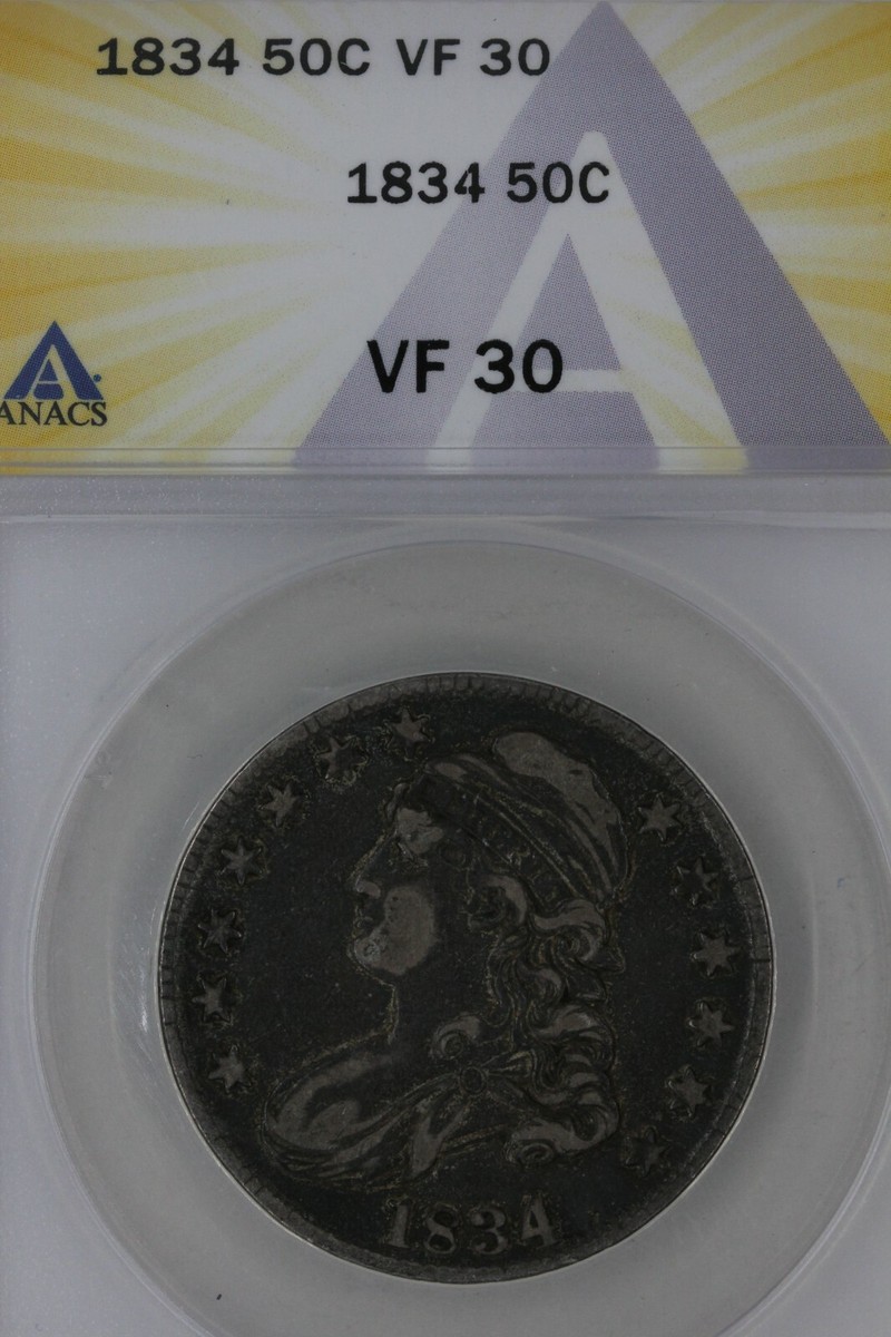 1834 .50 ANACS VF 30 1800's Capped Bust Half Dollar, Miss Liberty