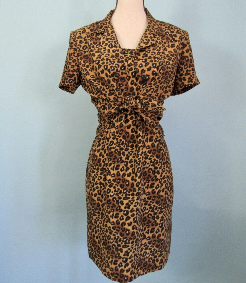 Talla: M VINTAGE Vestido Estampado Leopardo Traje Hasta la Rodilla Sin Mangas-Acolchado Hombro Foto 2 de 4