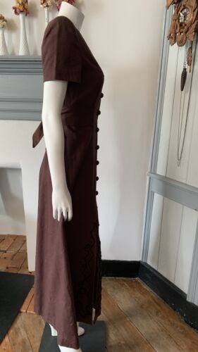 vintage Cotton Linen Blend 1990s Does Edwardian Dress maxi brown soutache trim - Picture 9 of 20