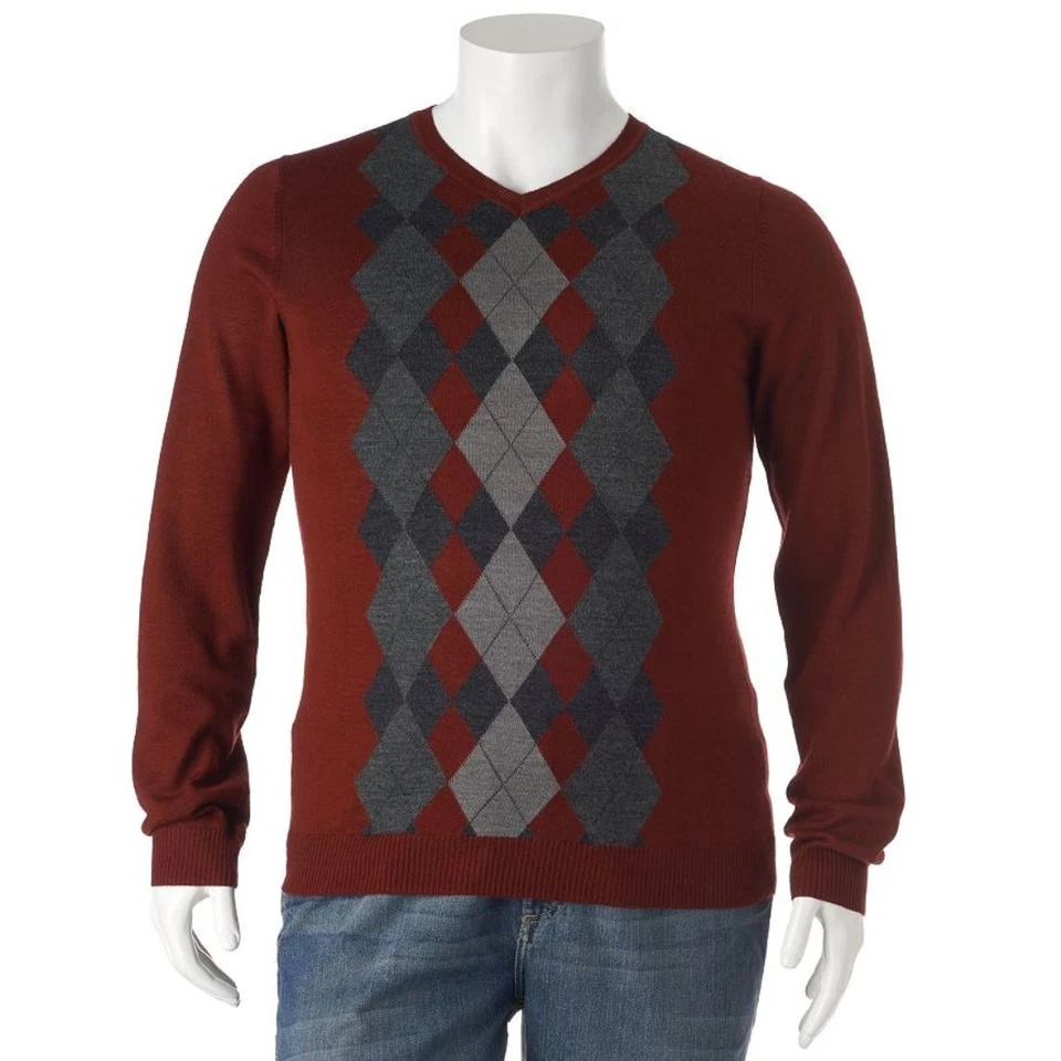 Argyle Pullover Sweater V-Neck Merino Wool Blend Long Sleeve Red Grey XL 2XL - Image 2 of 2